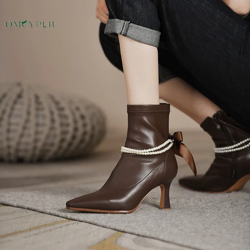 

Женские ботинки, осень 2021, обувь на высоком каблуке, с квадратным носком, с жемчужным бантом, короткие сапоги, размера плюс