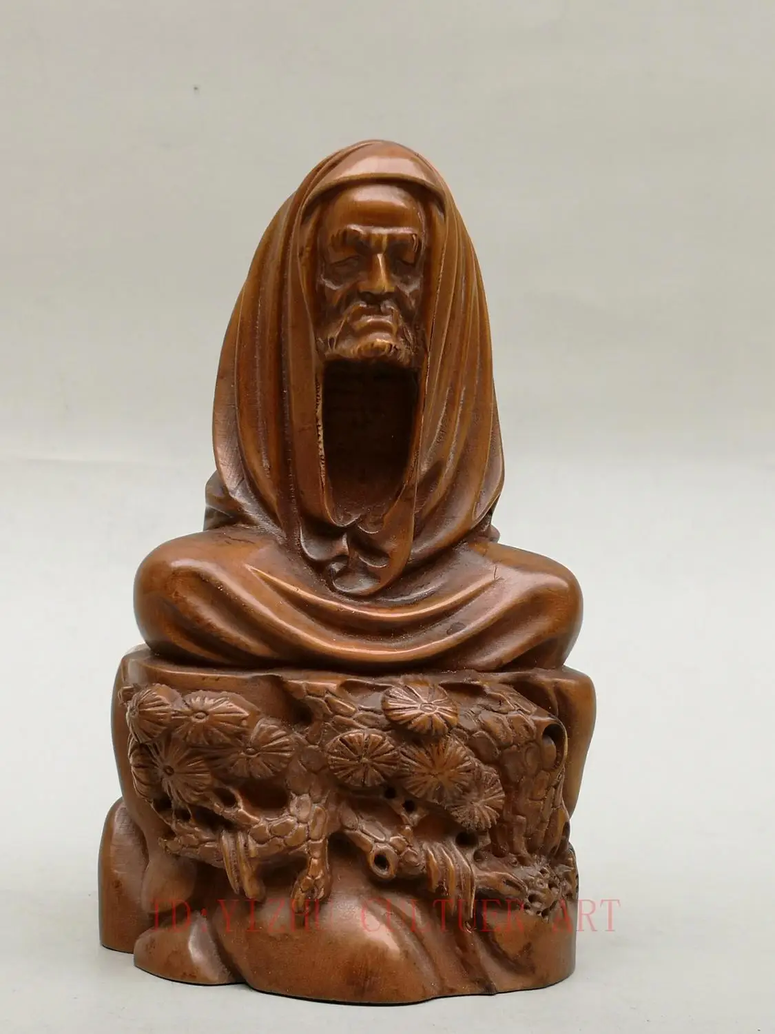 

YIZHU CULTUER ART Collection Ancient China Old Boxwood Hand Carved Dharma Buddha Statue Family Decoration