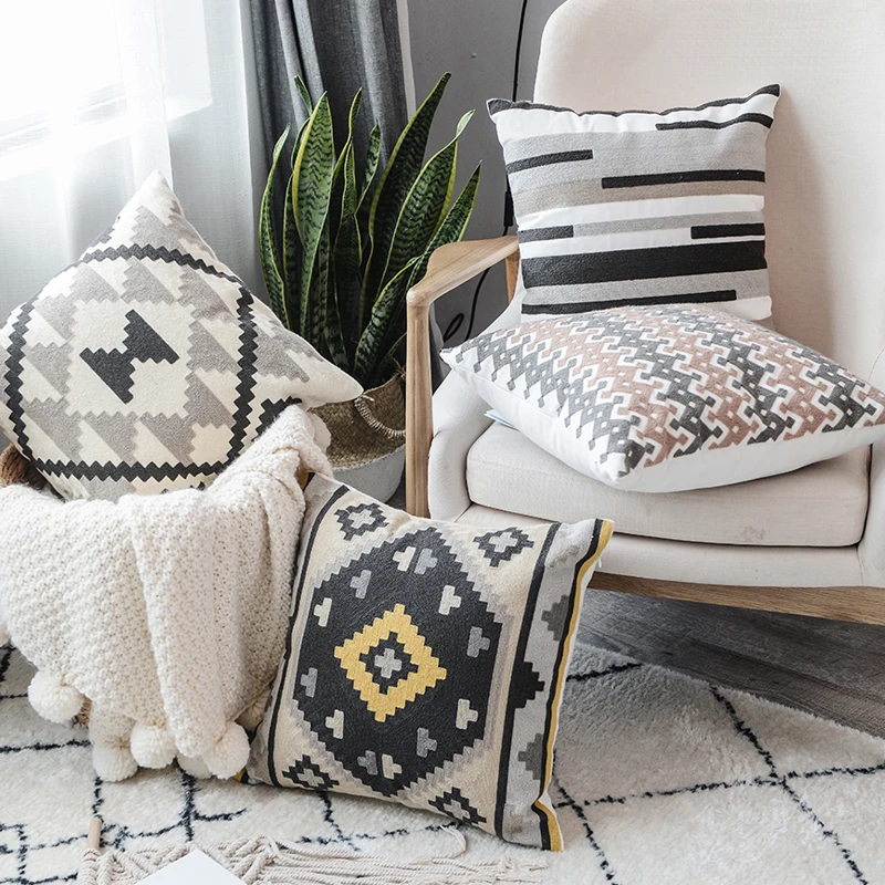 

Embroidered Cushion Cover Grey Pillowcase Canvas Cotton Square Embroidery Pillow Cover 45x45cm Home Decor Living room Bed roon