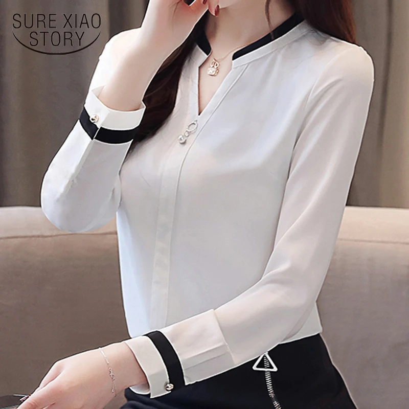 

2021 New Spring Fashion Chiffon Blouse V Collar OL White Blouse Women Tops Blouses Ladies Long Shirt Feminine Blouse 2430 50