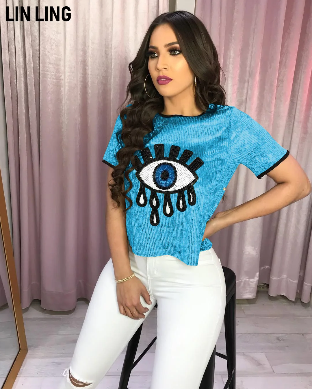 

LINLING Trendy Big Eyes Pattern Personality Sequin Women Top Short Sleeve T-shirt Nightclub Clothing