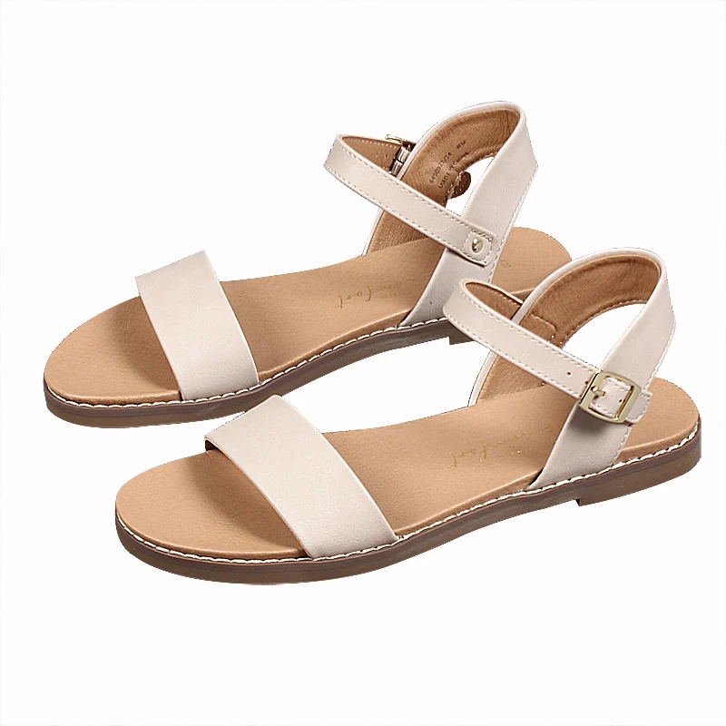 

Open Toe Comfort Shoes for Women Beige Heeled Sandals All-Match Buckle Strap 2021 Summer Large Size Peep Black Flat Girls Fashio
