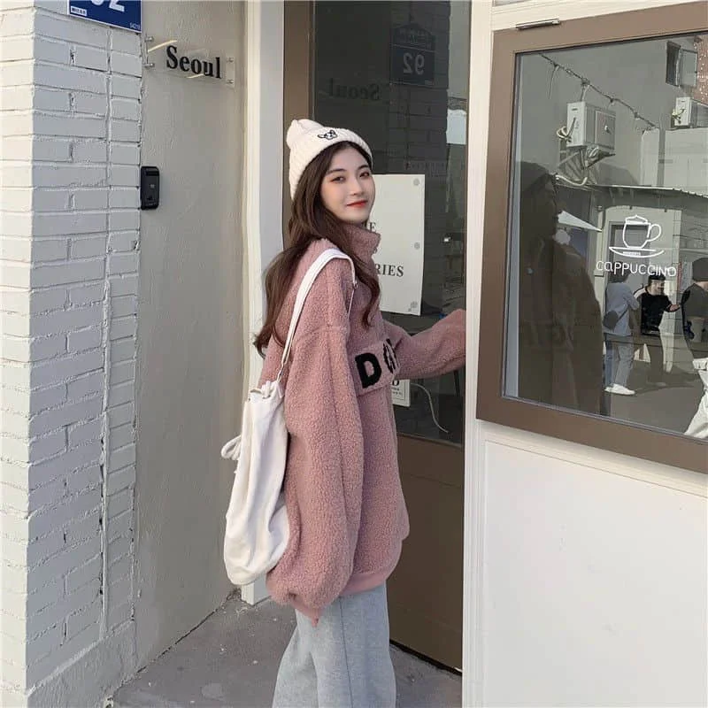 

Sportswear men's and women's spring and autumn cashmere loose Korean sloth and velvet thick high collar jacket sportswear