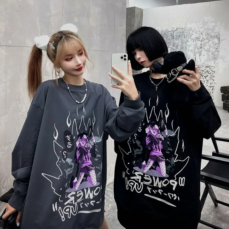 

Girls Anime Print Tee Autumn Goth T-Shirts Women Long Sleeve Oversize Streetwear Loose Tops Cotton Punk Harajuku Cartoon Tops