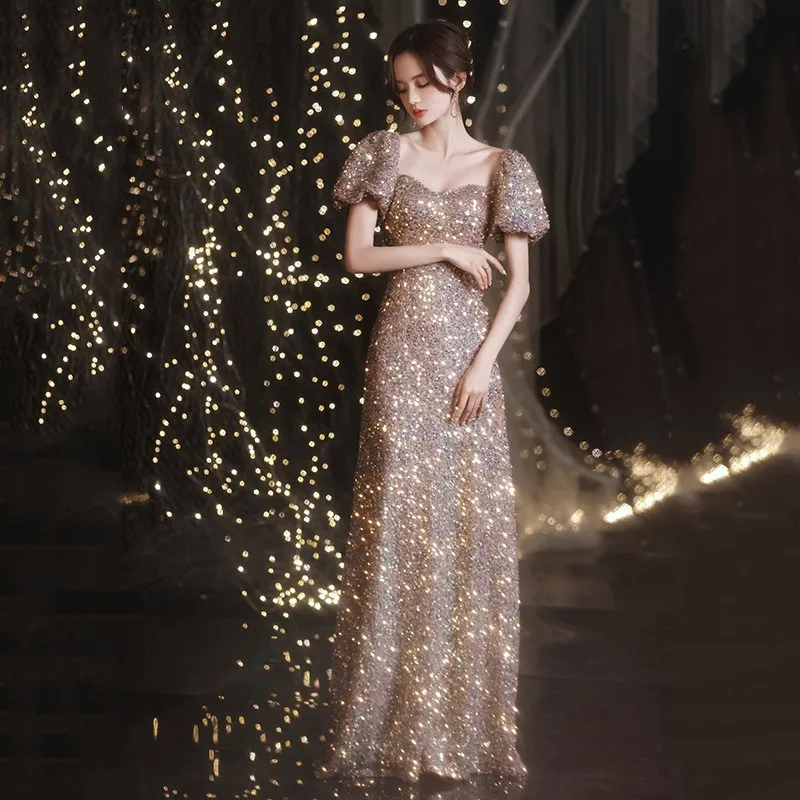 

Puff Sleeve Cheongsam Sweetheart Neck A-Line Prom Party Dress Gown Bling Sequins Exquisite Qipao Floor Length Vestidos De Festa