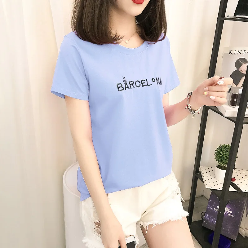 

2021 Cotton T-shirt Female Short Sleeve Korean Embroidered Upper Garment Student's Versatile Base Coat 14 Color