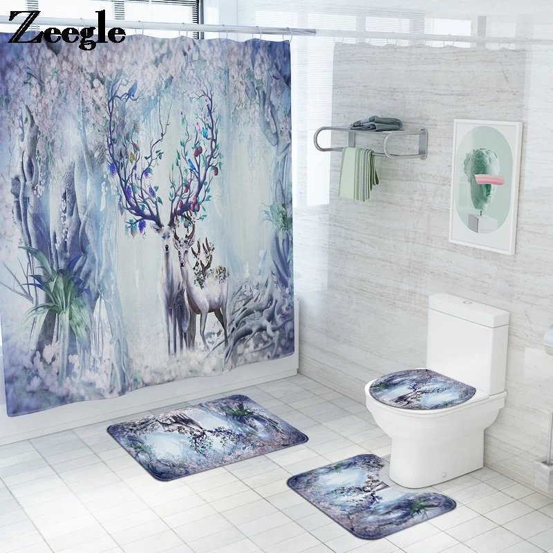 

Beautiful Wind Printing Bathroom Bath Mat Waterproof Shower Curtain Set Bathroom Set Bathroom Carpet Set Non-slip Floor Mat Set