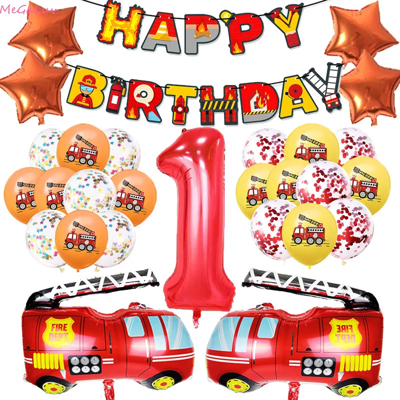 

Fireman Theme Birthday Party Decor Fire Truck Foil Ballon Firefighter Wall Hanging Banners Latex Ball Birthday Party Supplies