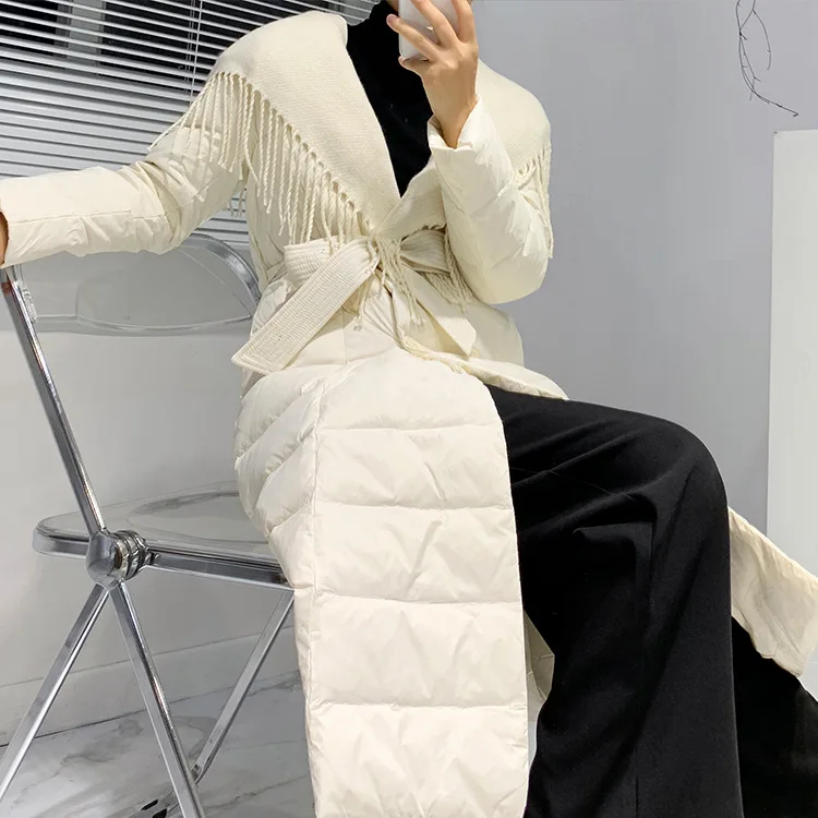 

Женская куртка на белом утином пуху, однотонная теплая куртка со съемным шарфом и поясом с капюшоном в Корейском стиле, новинка для зимы