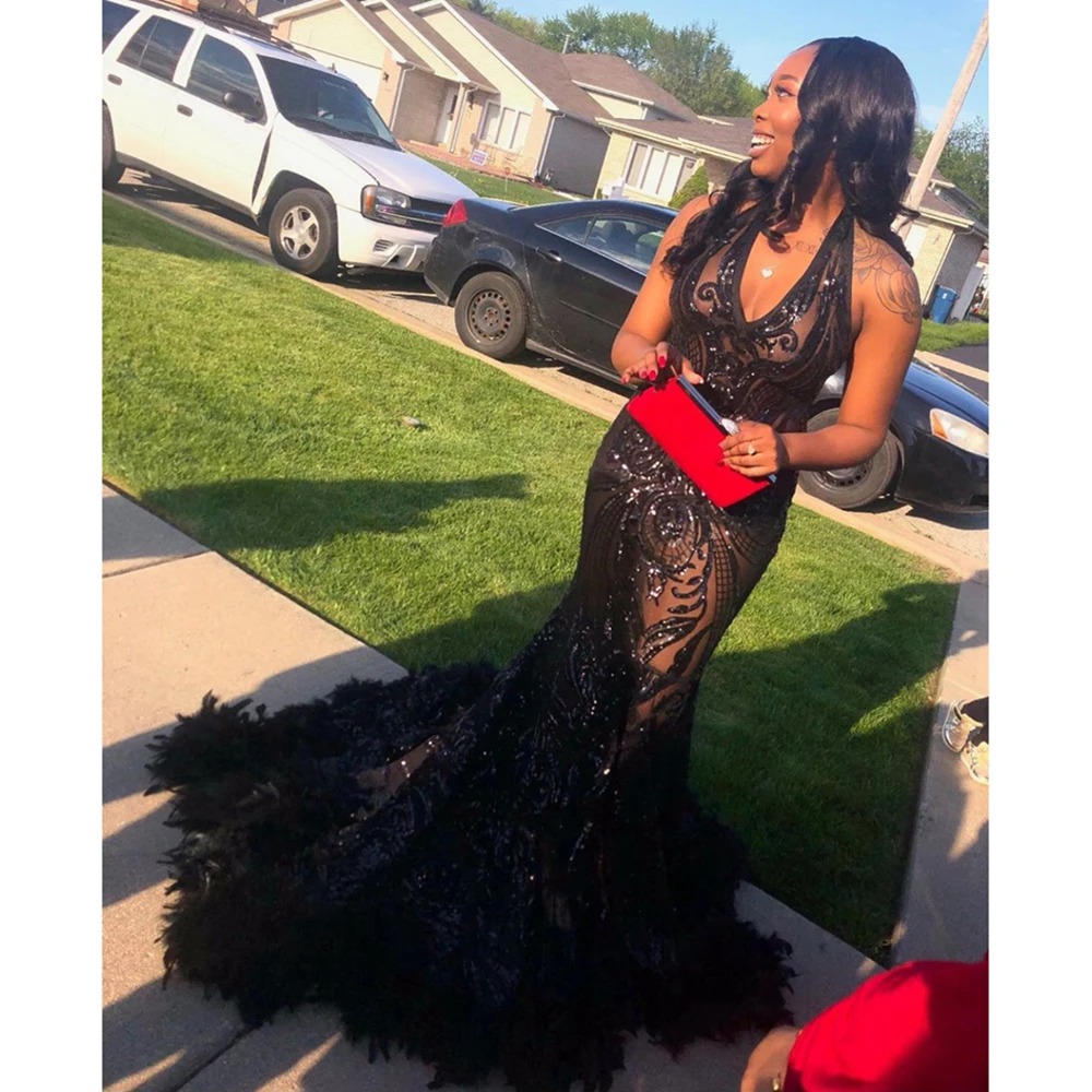 Черное платье для выпускного вечера девушек длинное блестящее кружевное