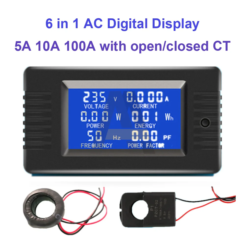 

6 IN 1 Digital AC 110V 220V 5A 10A 100A Voltage Energy Meter Voltmeter Ammeter Power Current Panel Watt Combo Indicator 80V~260V