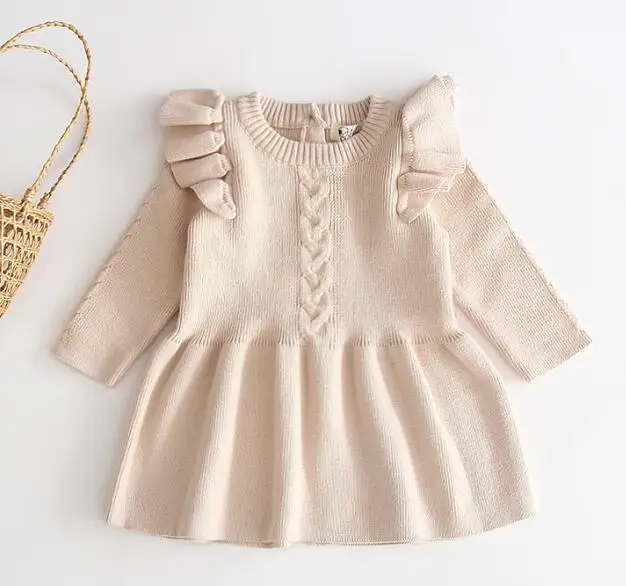 B91Q03 Beige Г. Платье для маленьких девочек осенне-зимний шерстяной вязаный свитер для девочек платья для новорожденных девочек вечерние платья с оборками на свадьбу, одежда для маленьких девочек - Цвет: B91Q03 Beige