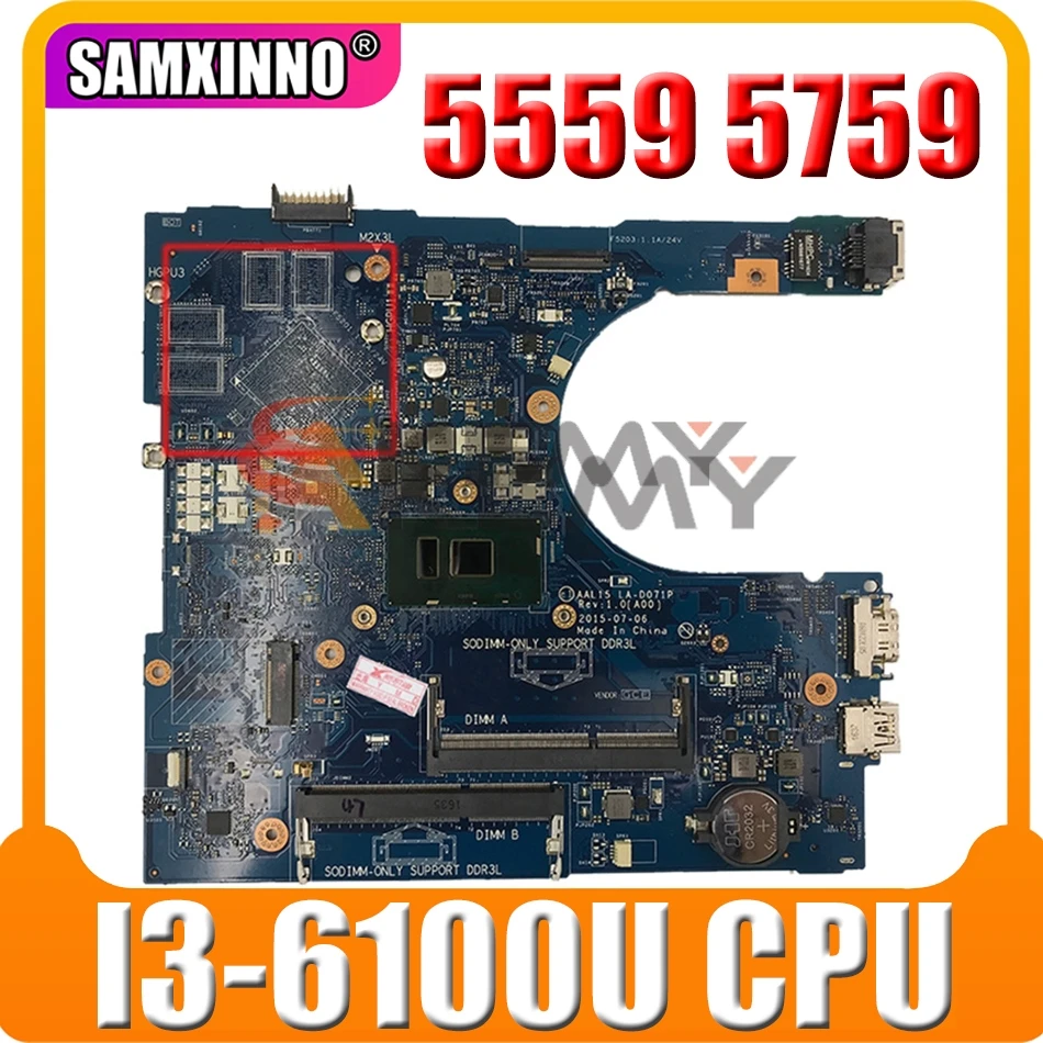 

Original Laptop motherboard For DELL Inspiron 5559 5759 Core I3-6100U Mainboard CN-027G19 027G19 AAL15 LA-D071P SR2EU