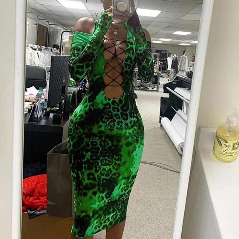 

Sexy Long Sleeve Dress Women Hollow Out Bodycon Bandage Leopard Print Dresses 2021 New Multicolor Night Party Club Evening Wear