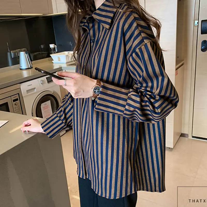 

Retro shirt women spring and autumn new casual students long sleeve wind stripes large size shirt women
