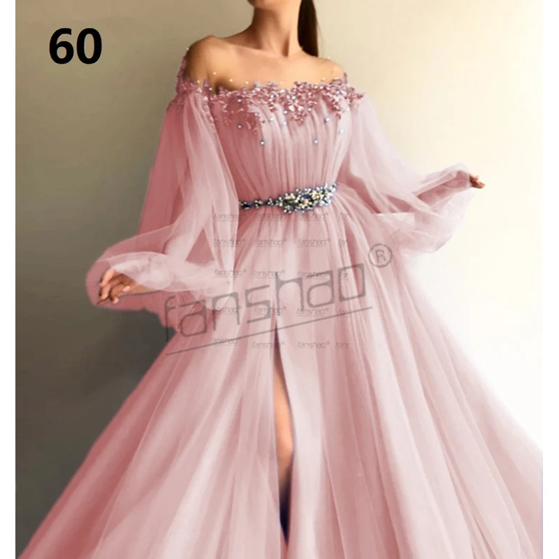 

Женское вечернее платье с поясом Fanshao, розовое платье с длинным рукавом и круглым вырезом, с разрезом, с аппликацией и жемчугом, для вечеринк...