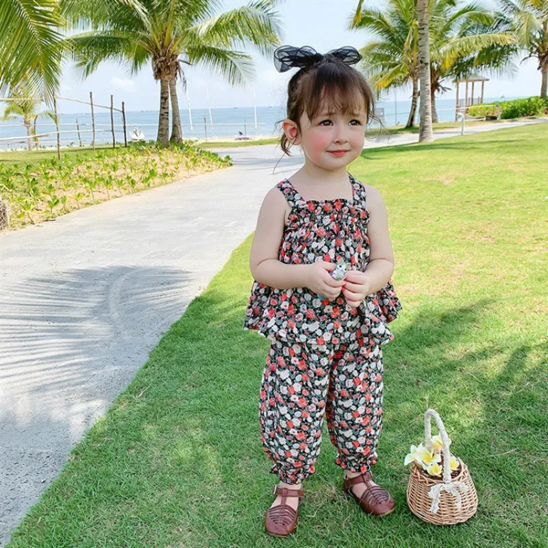 

Комплект детской одежды с принтом, топ без рукавов и брюки, Повседневная летняя одежда, комплект из двух предметов с квадратным вырезом, 2020