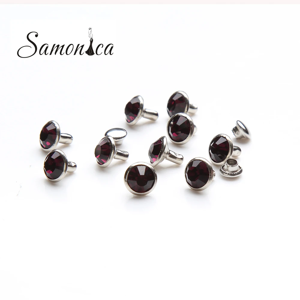 100 комплектов страз аметистового цвета диаметром 8 мм с металлической основой для украшения одежды, сумок, кожаных изделий.