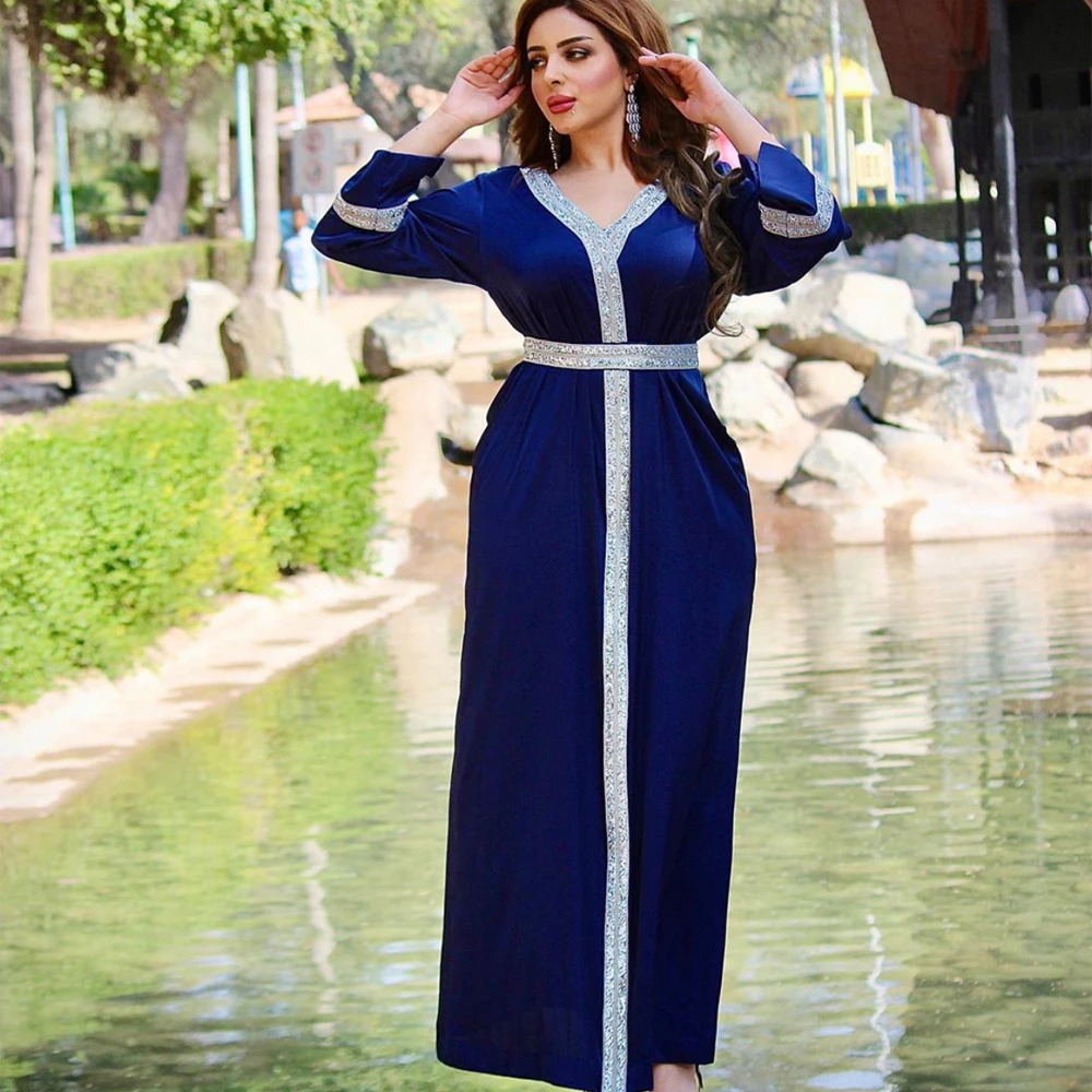 

Women Dubai Crystal Jalabiya Belted Dress Loose Long Satin Muslim Fashion Arabic Ethnic Robe Caftan Morocco Eid Ramadan Party