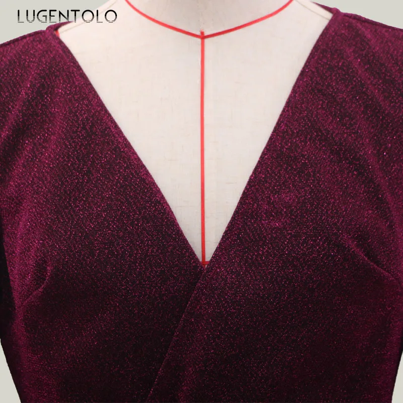 

Lugentolo Party Dress Women Spring Sexy V-neck Elegance Long Sleeve Purple Zipper Floor-Length Womens Dresses