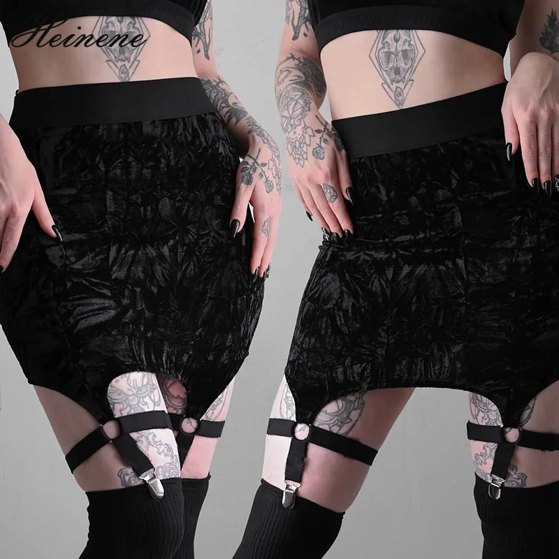 

Heinene Gothic Vintage Black Velvet Punk Buckle Leg Ring Skirt Aesthetic Sexy High Waist Bodycon Mini Skirts Elegant Women Skirt