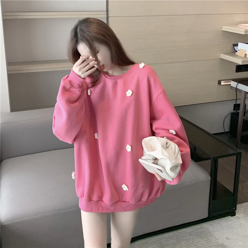 

Casual sweater 2021 autumn and winter three-dimensional small flower loose loose and velvet tops Fashion women's clothing