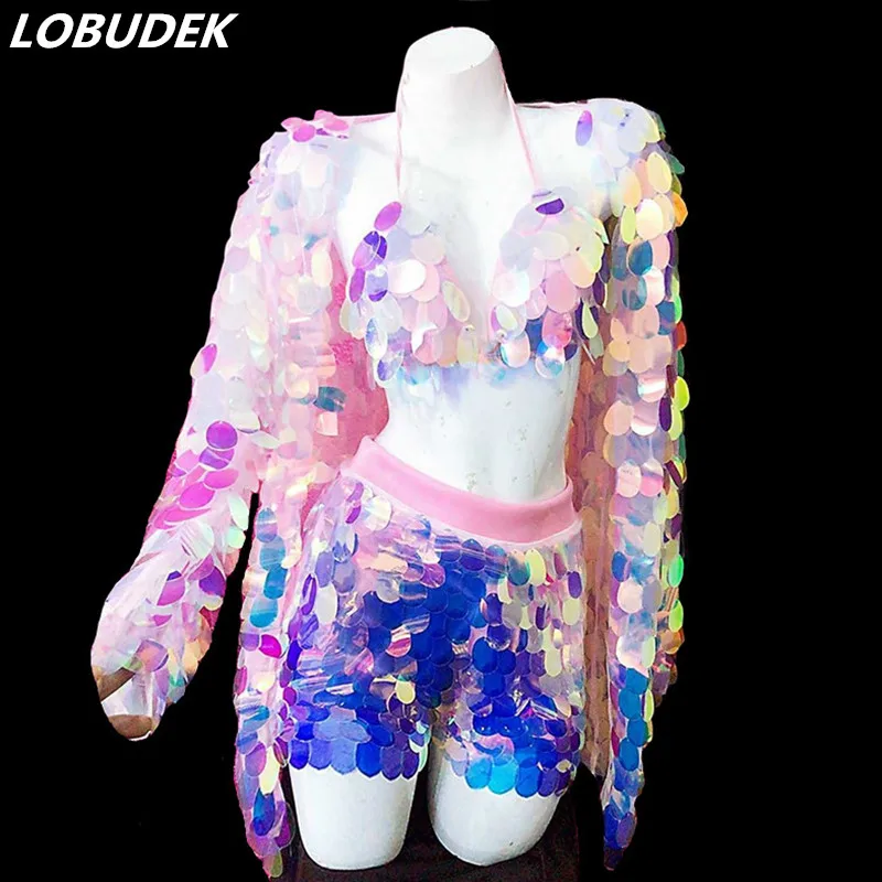 Customized Lady Costume Pink-Purple Sequins Bra Shorts Loose Coat Set 3 Piece Sexy Nightclub DJ Singer Dancer Stage Dance Outfit