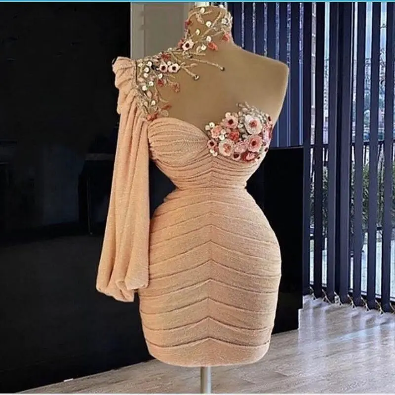 Sexy one-shoulder long-sleeved short prom dress party cocktail dress