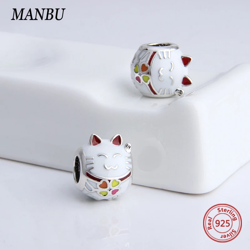 MANBU Серебро 925 оригинальные амулеты трендовые милые бусины кошка fit pandora браслет