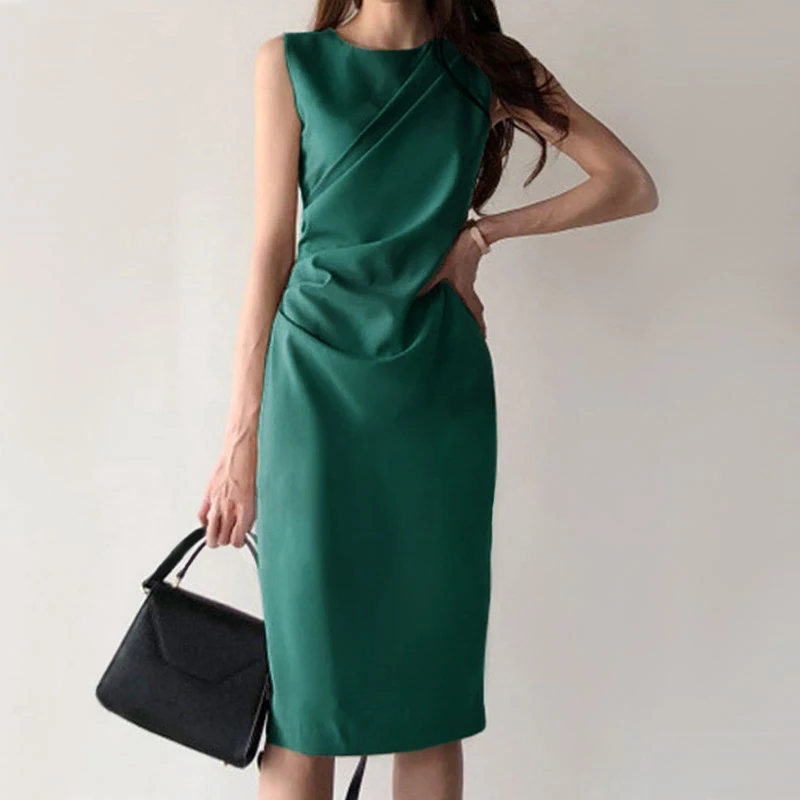 

ZANZEA Stylish Pleated Dress Leisure Solid Sleeveless Back Split Midi Vestidos Female Robe Saias Longas Women Summer Sundress