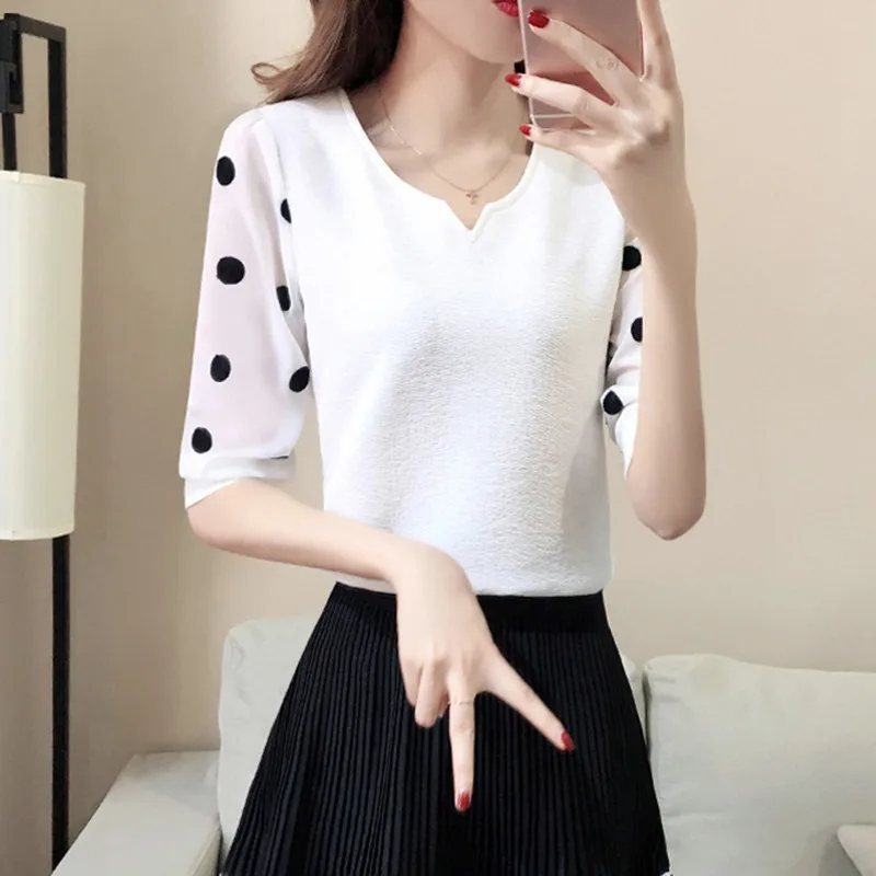 

Plus Size Blouse Women's Korean Style Dot Print V-Neck Shirt Lace Short Sleeve Chiffon Pullover Blouse mujer de moda blusa
