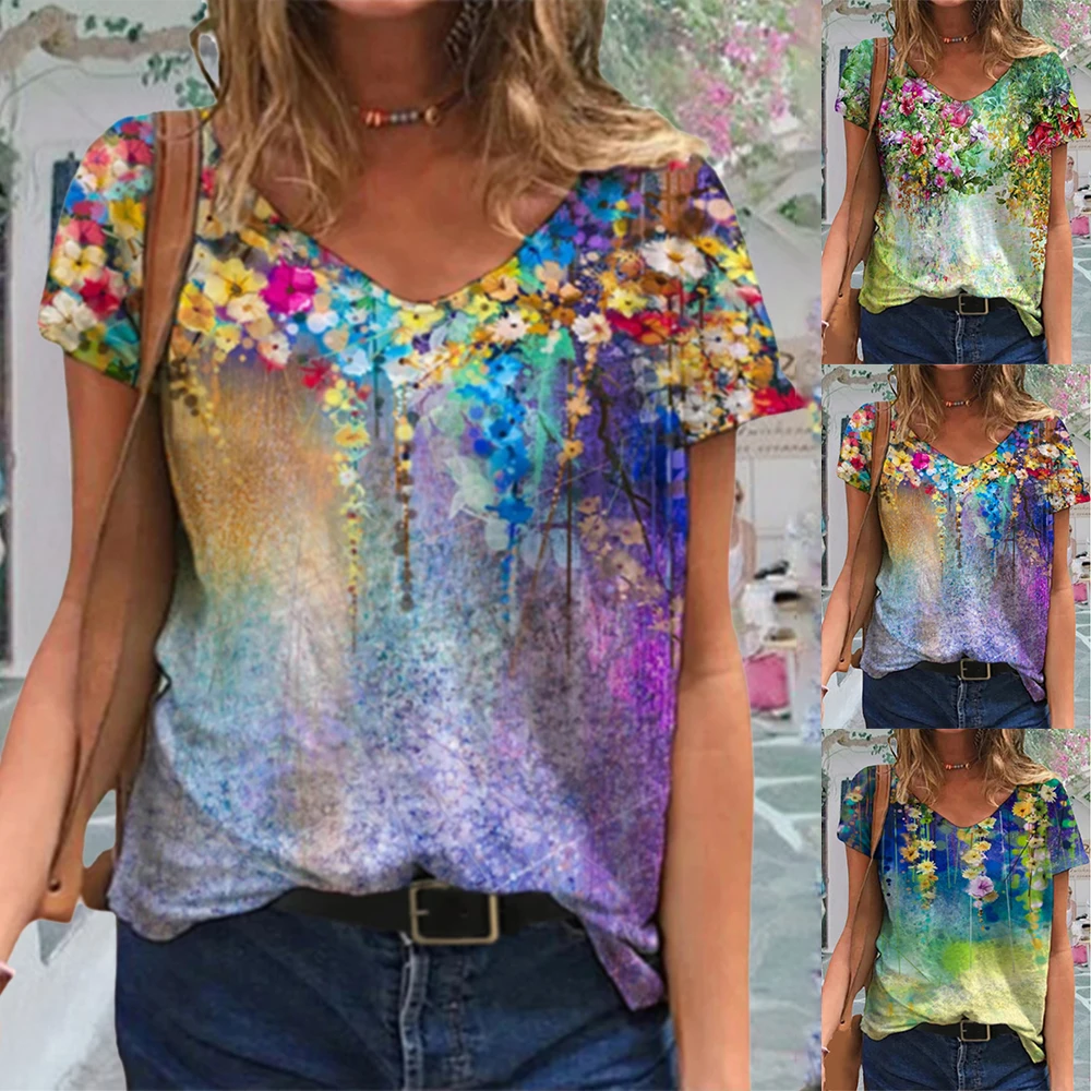 

Oversize Summer Women T shirts Streetwear Casual Short Sleeve V-neck Floral Print Tops Shirts Loose Female Tee Plus Size 4XL 5XL