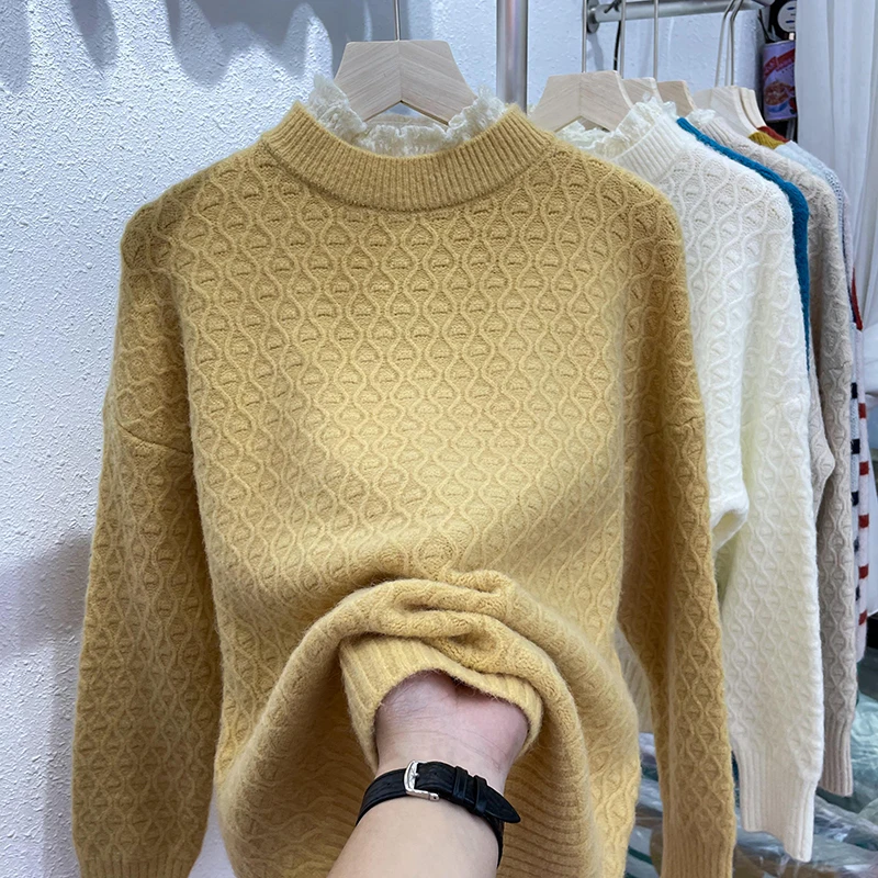 

Lace Ruffled Collar Sweater Women 2021 Autumn Winter Bottoming Knitwear Soft Loose Thickened Knitted Jumper Ladies Top