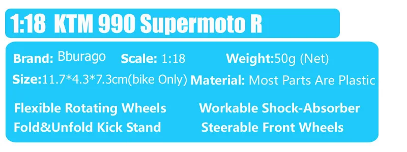 1/18 масштаб Классический Маленький bburago KTM 990 Supermoto R велосипед duke Diecasts& игрушечные транспортные средства Мотоцикл модель маленьких мальчиков thumbnails