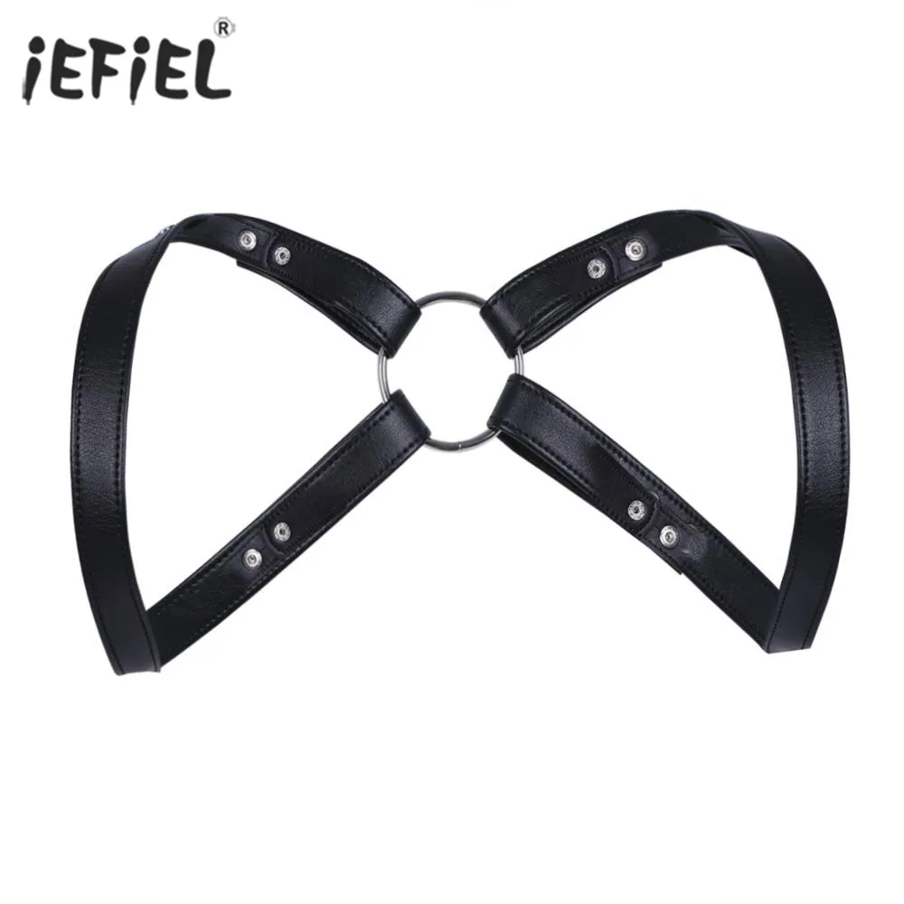 

Sexy Mens Harness Faux Leather Adjustable Bondage Body Chest Harness Men Erotic Lingerie Cross Front Harness with Press Buttons