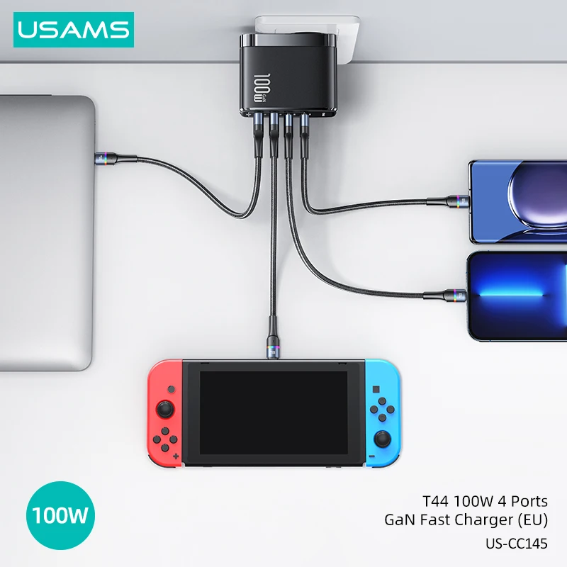 USAMS T44 100 Вт 4 порта GaN Быстрая зарядка USB A C адаптер питания зарядное устройство для