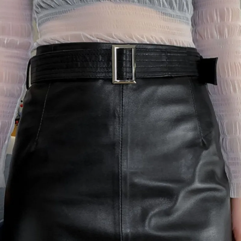 

Genuine Leather Women Midi Skirt 2021 New Autumn Sashes Slim A-Line Runway Skirts Street Punk Black High Waist Wrap Skirt Faldas