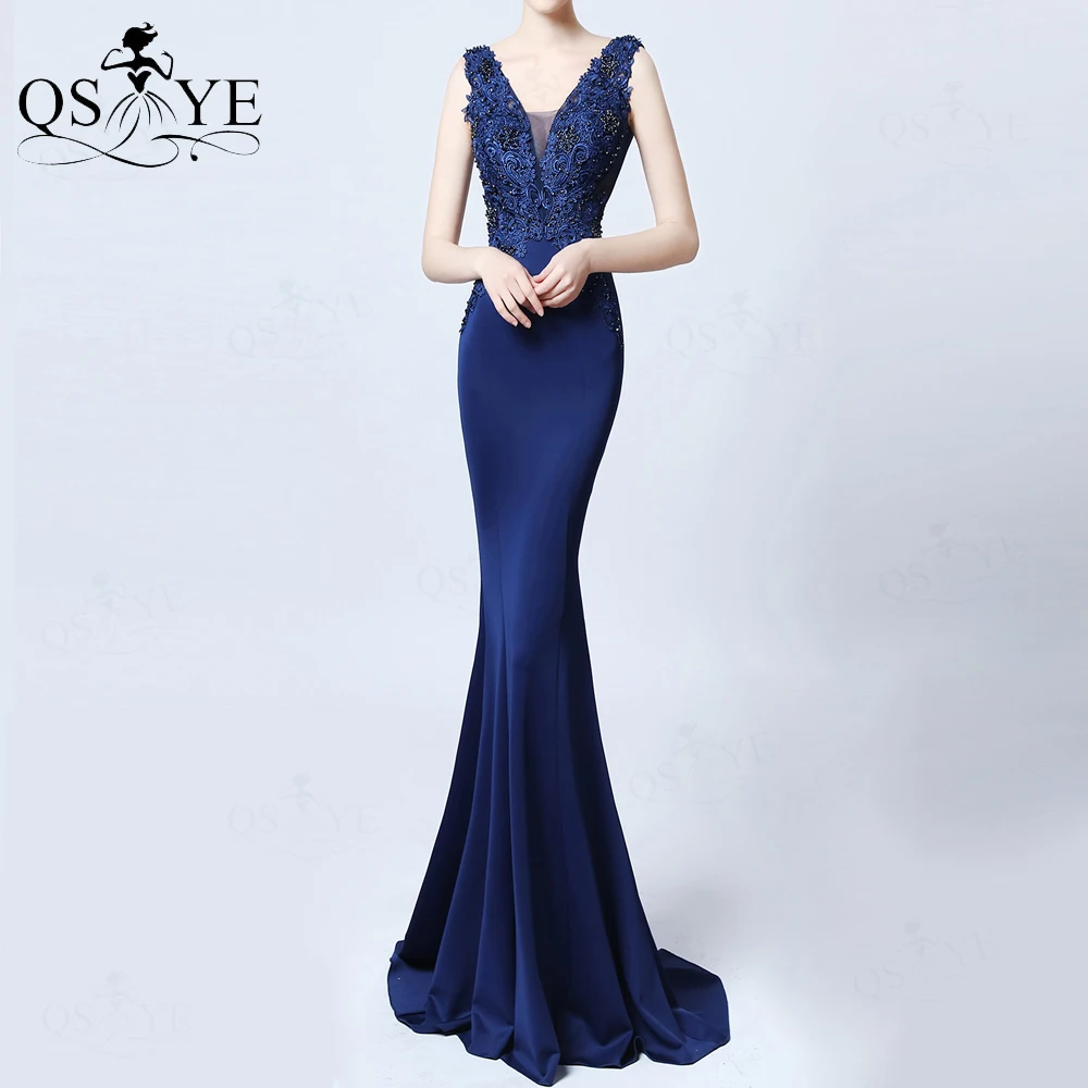 

Navy Prom Dresses Appliques Lace Mermaid Evening Gown V Neck Beaded Evening Dress Sleeveless Women Formal Party Gown Vestido