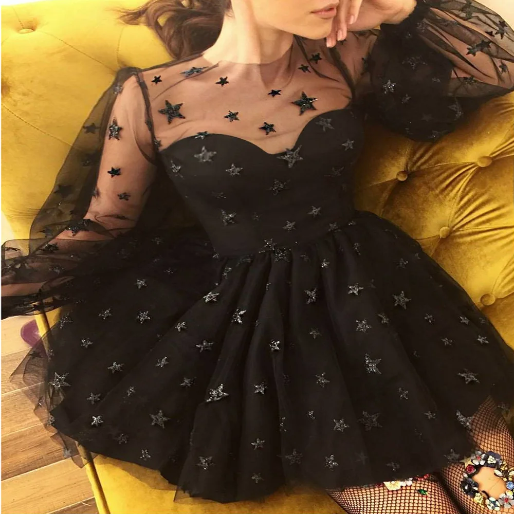 

2022 Brand New Women Tulle Dress Transparnt Long Sleeve Star Sequins Mesh Short Dress Fairy Mini Dress Vestidos De Fiesta