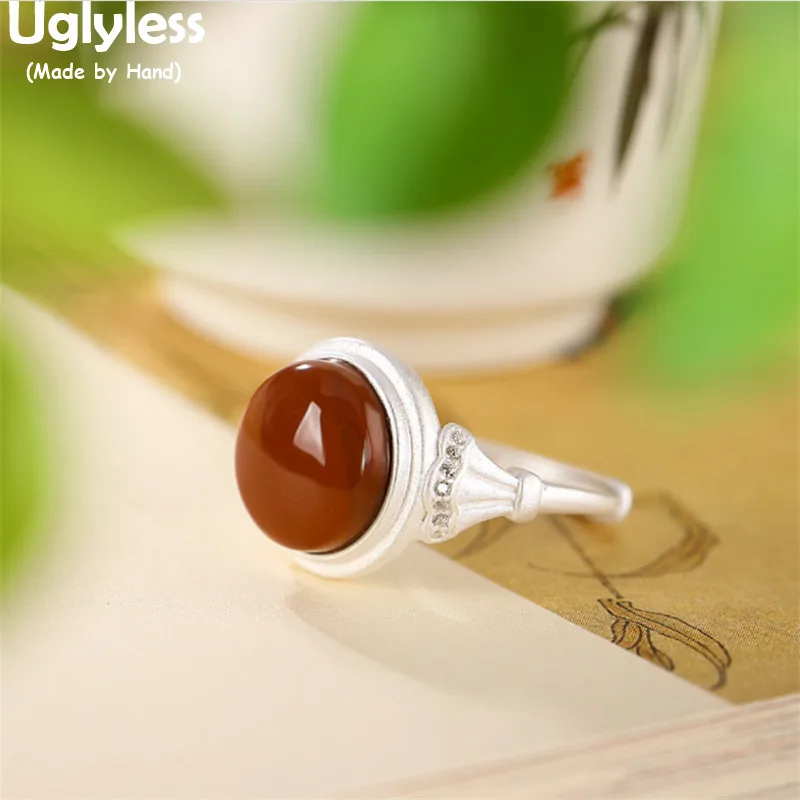 

Uglyless Fashion Simple Perfect Round Meaty Agate Rings for Women Solid 925 Silver Minimalism Fashion Jewelry Crystal Open Rings