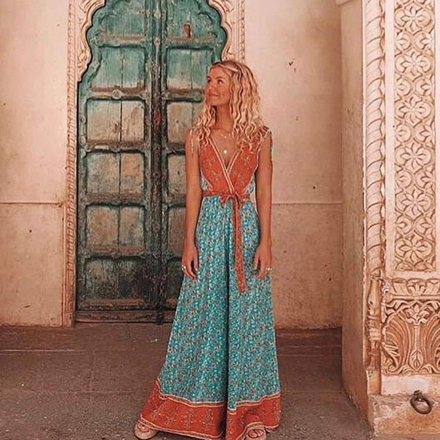 TEELYNN boho, сексуальные комбинезоны, v-образный вырез, без рукавов, Летний комбинезон, цветочный принт, комбинезоны, широкие ноги, свободная пляжная одежда,, женский комбинезон