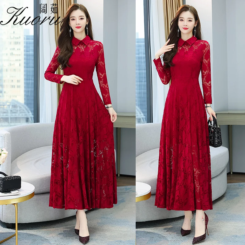 Женское платье с длинным рукавом красное Сетчатое вязаное крючком вечернее