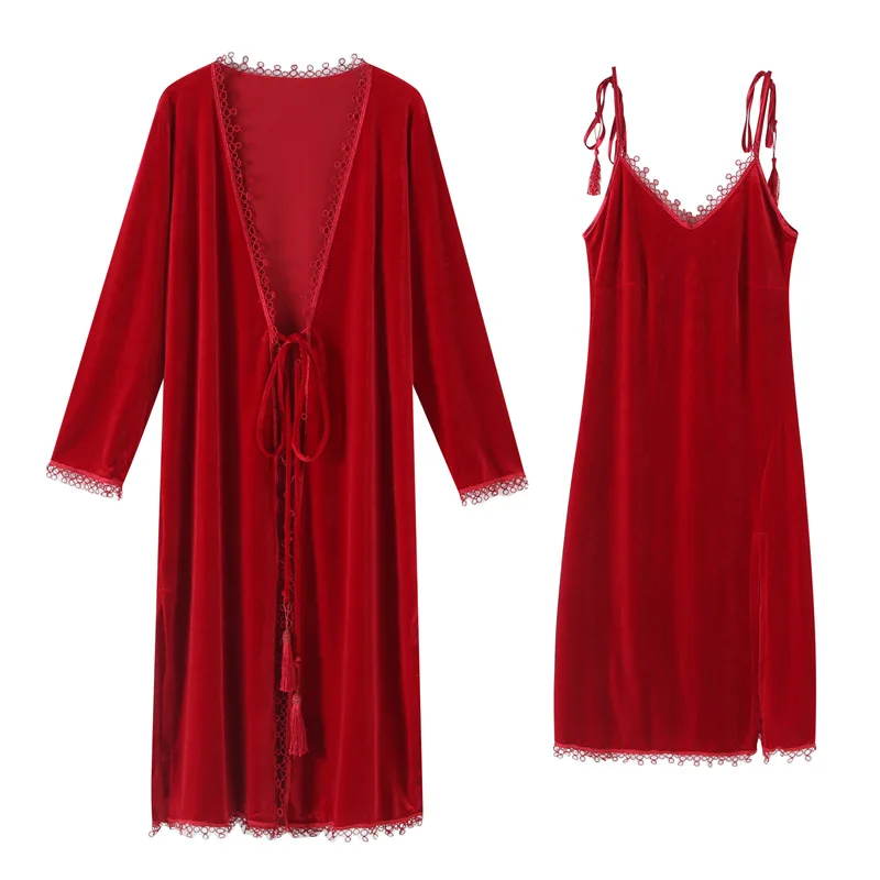 

Spring Summer Golden Velvet Gown With Long Lace Princess Nightgown With Suspenders Two Sets Lovers Bathrobe Lounge Negligee