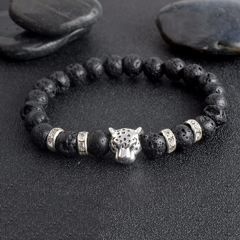 

Hand String Beads Leopard Lion Bracelet For Women DIY Black Natural Frosted Volcanic Rock Girls Charm Bracelet Trendy Jewelry