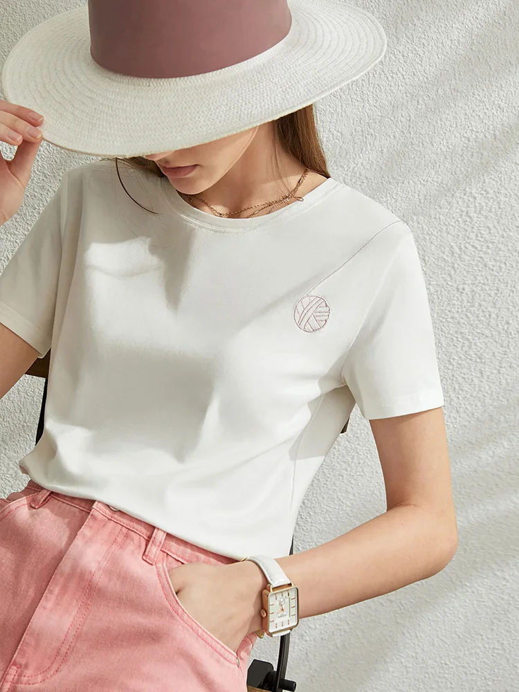 AMII минимализм весна-лето повседневная женская футболка с вышивкой хлопковая