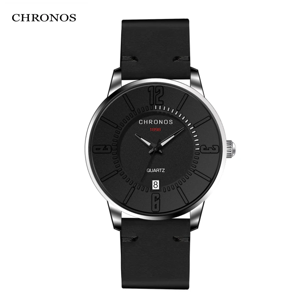 

CHRONOS Men Leather Wristwatches Waterproof and Shock Resistant Quartz Watches with Date Black Dial Black Simple Watch CH14