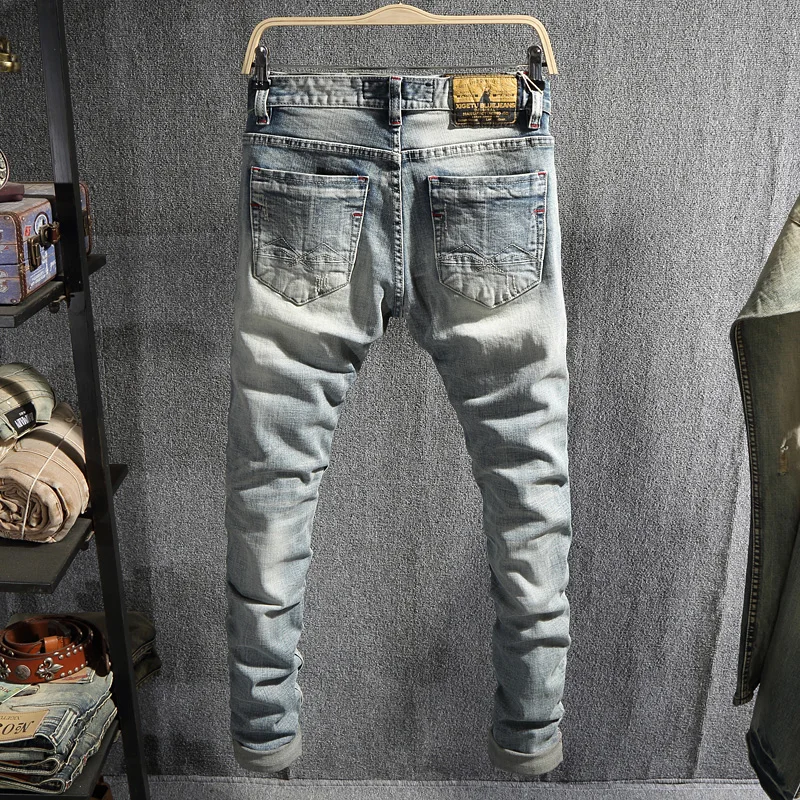 European Vintage Fashion Men Jeans Retro Light Blue Elastic Slim Fit Ripped Jeans Men Korean Style Designer Casual Denim Pants