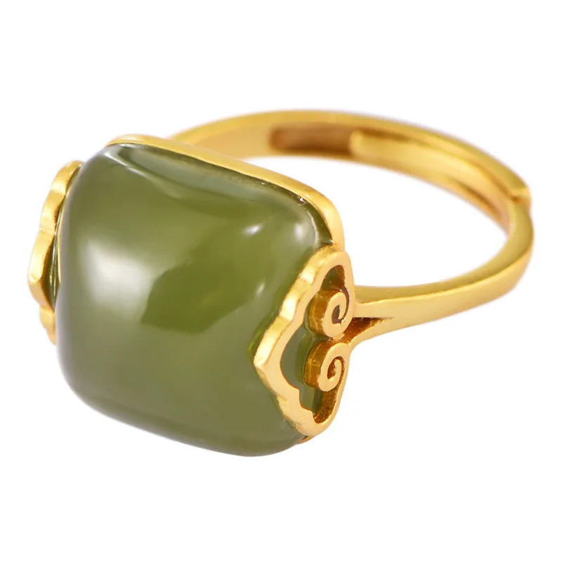 

Wholesale Silver Jewelry S925 Sterling Silver Gilt Ethnic Style Natural Hetian Jade Wishful Open Ring Women Ring