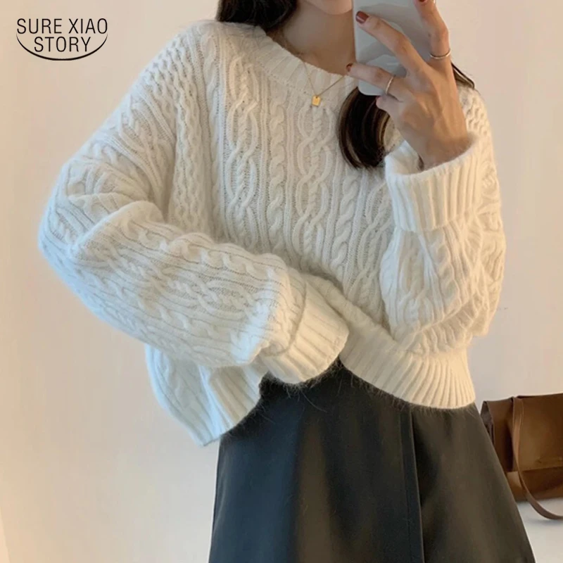 

2021 Autumn Loose Soft Waxy Fashion Twist Knit Sweater Top Gentle Pink Vintage Pullover Sweater Casual Solid White Sweater 17180