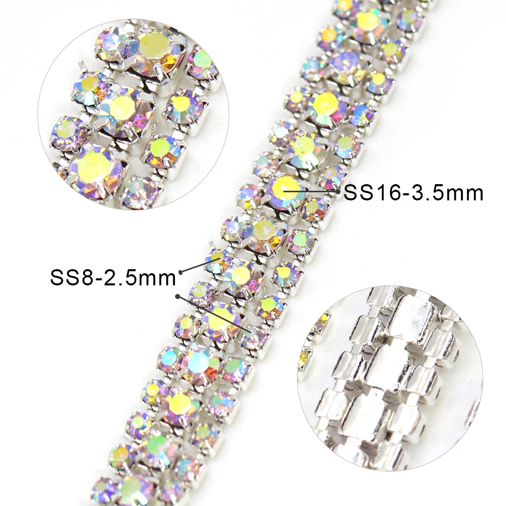 1 ярд 3 ряда стразы в чашке цепочка серебряная основа кристалл AB отделка SS8 + SS16 (2 5
